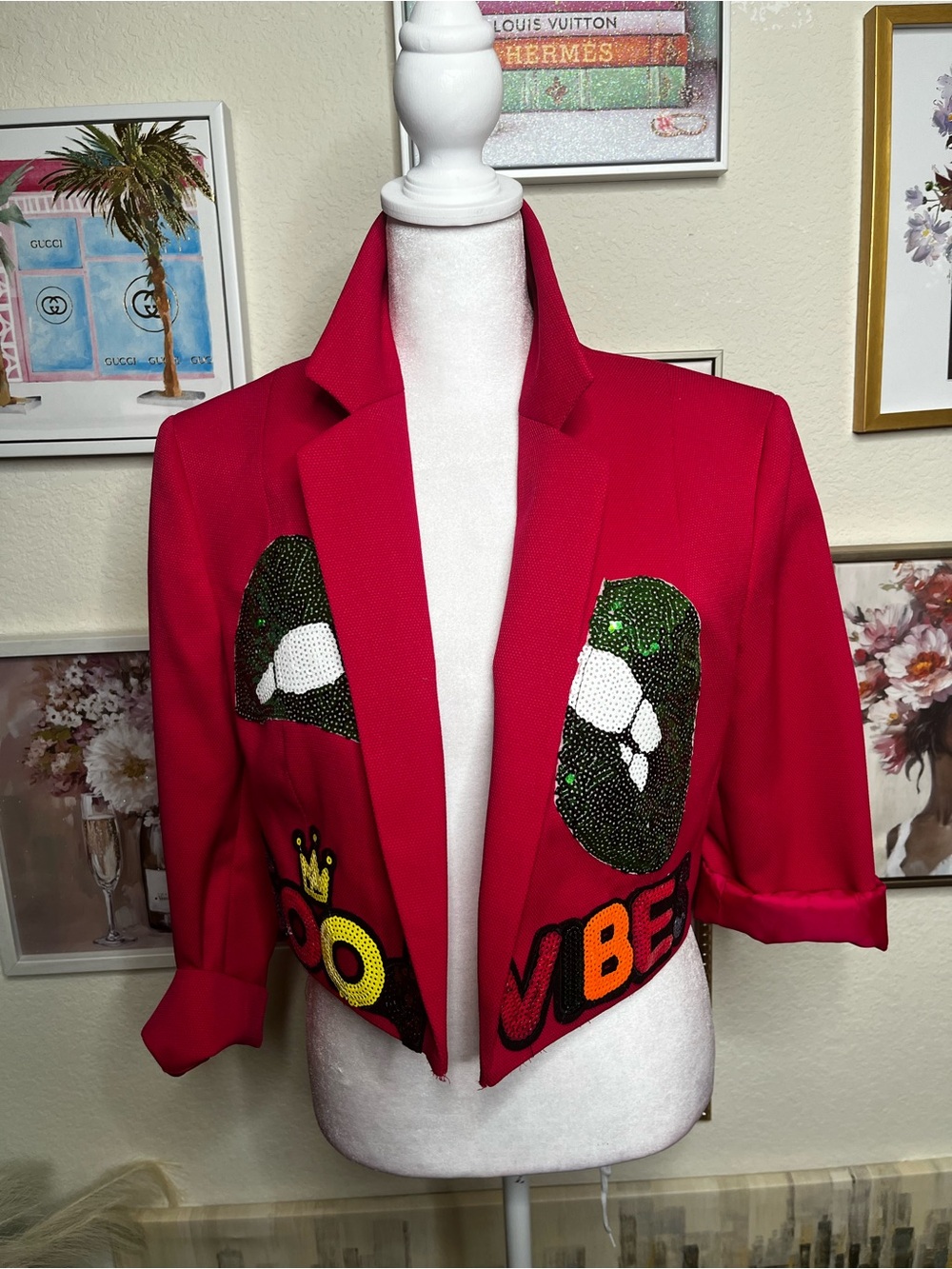 Costumed Bold Pink Embellished Cropped Vintage Jacket - Women